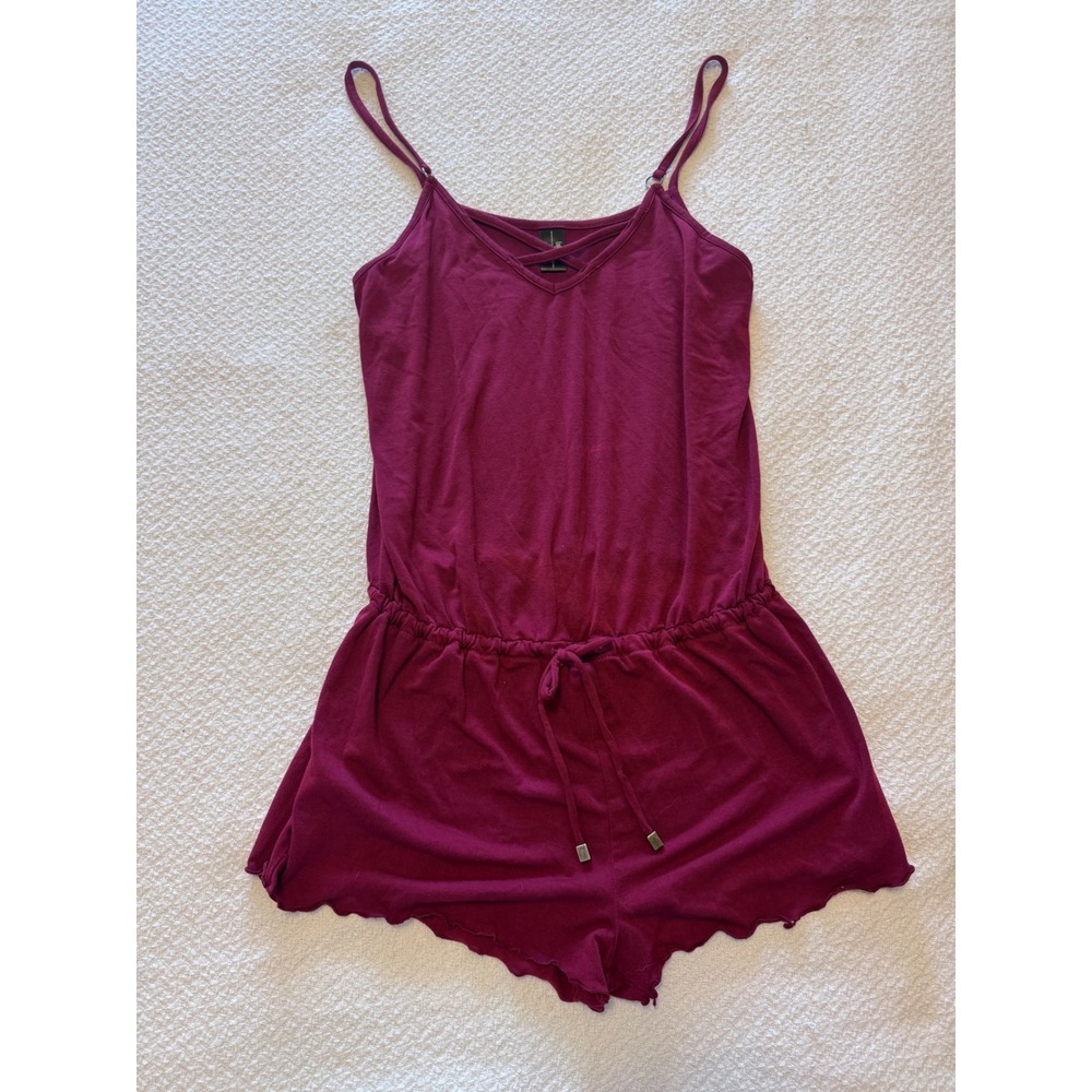 Endless Sun Burgundy Knit Romper V-Neck Lettuce Edge Hem Size Medium